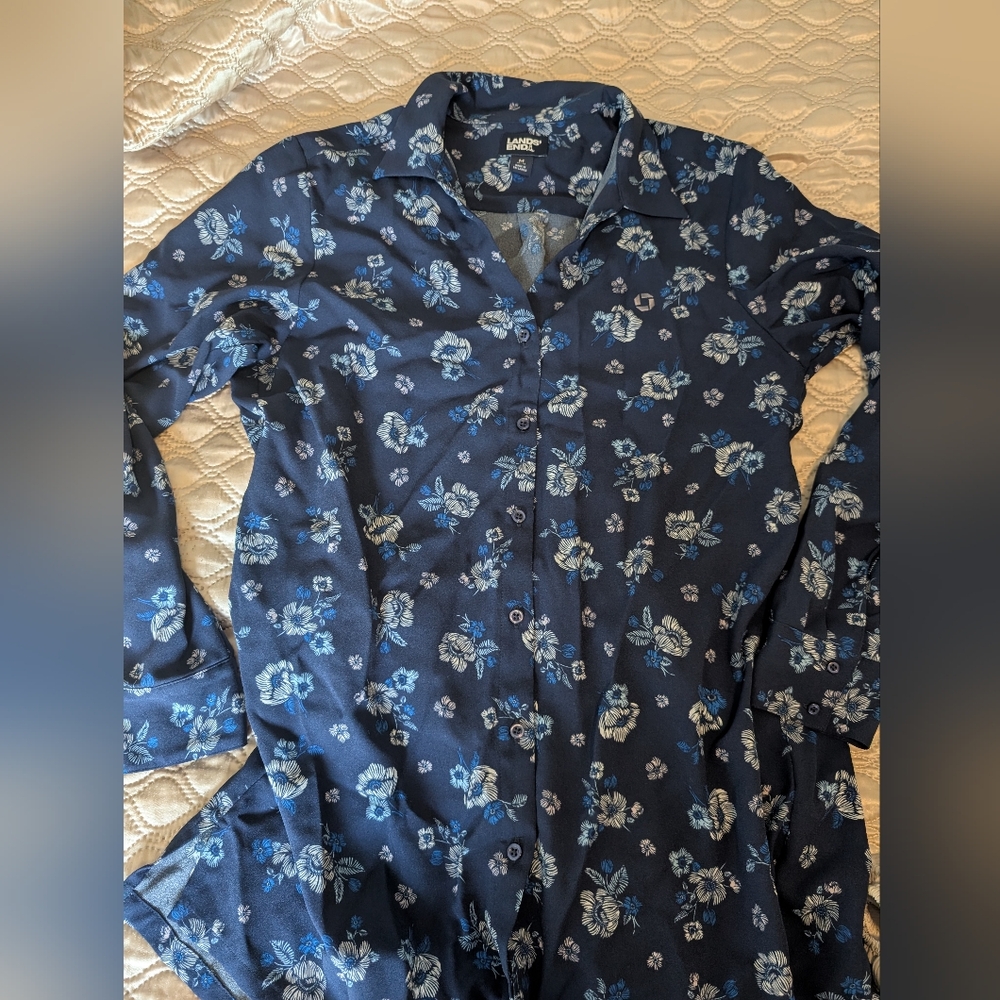 Chase Bank Lands' End Navy Blue Floral Button-Up Blouse